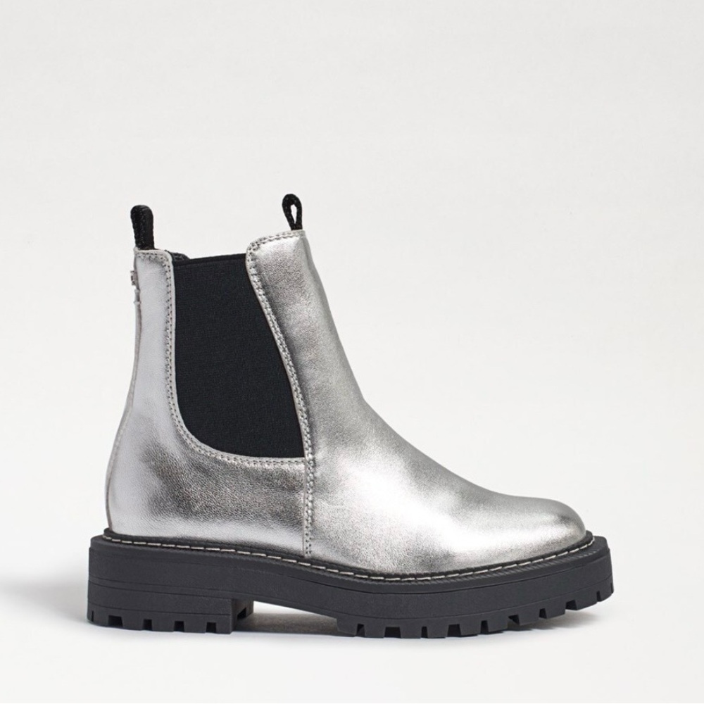 Sam Edelman Chelsea Silver Leather Ankle Boots with Black Accents - Picture 2 of 15